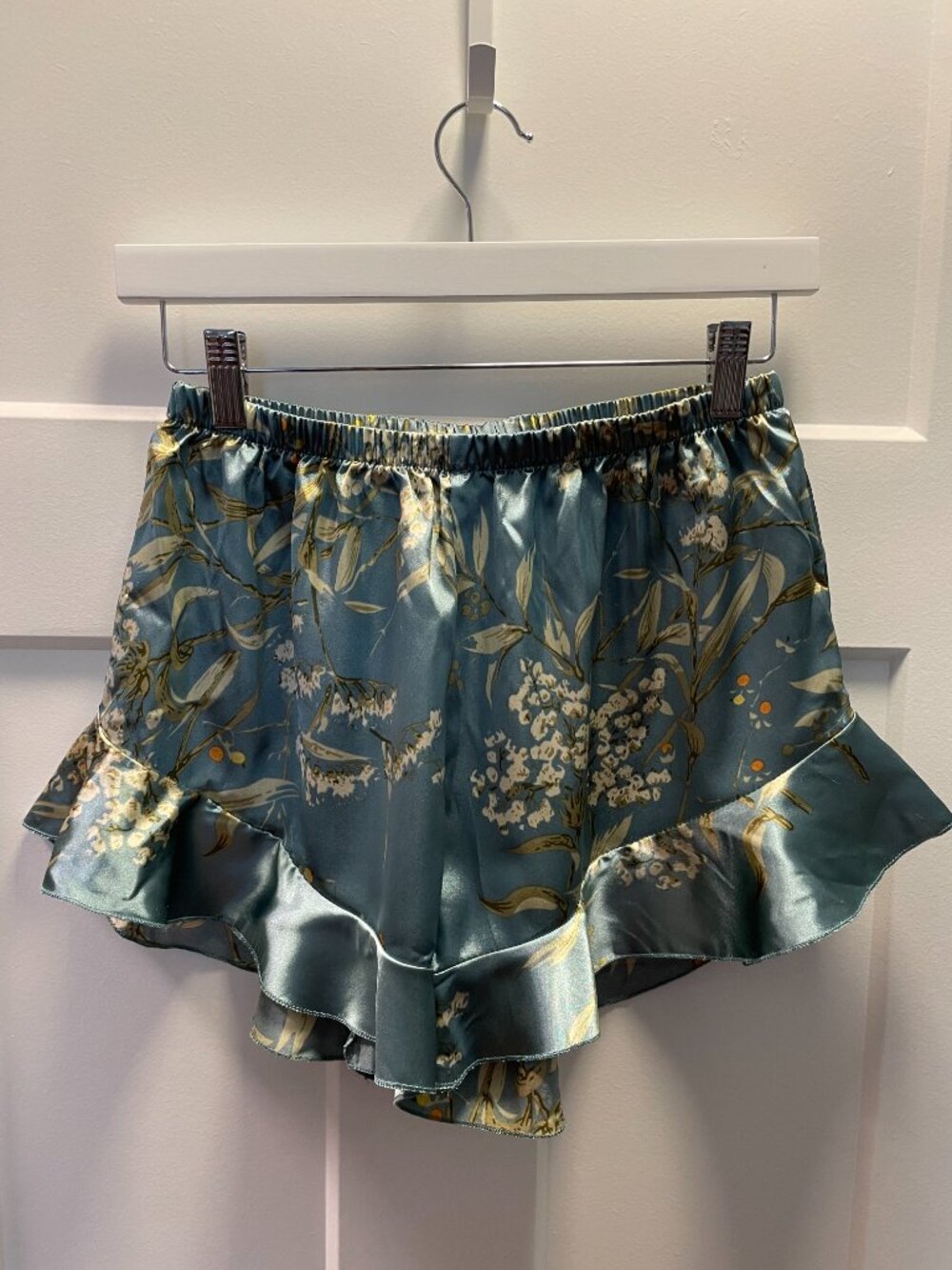 Satin Shorts Ruffle Trim Lingerie Size L Blue Floral Coquette